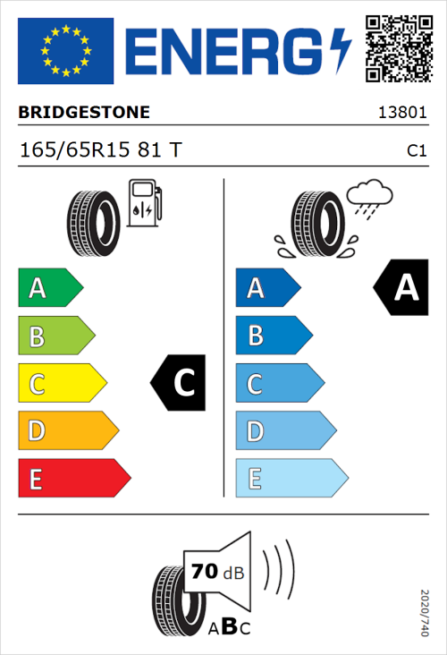 Tyre Label for Bridgestone Turanza T005 165/65R15 81T