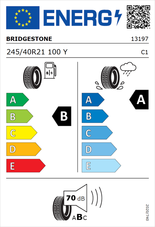 Tyre Label for Bridgestone Turanza T005 245/40R21 100Y
