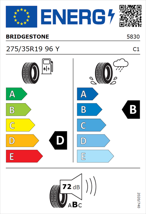 Tyre Label for Bridgestone Turanza ER300 275/35R19 96Y